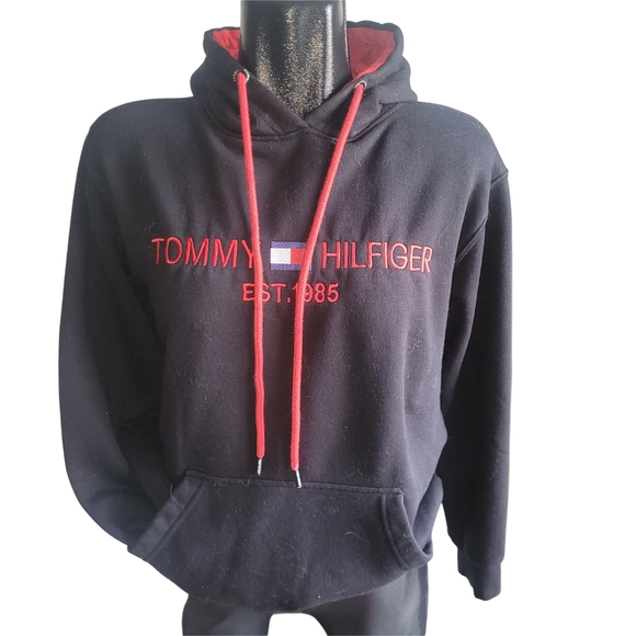 Tommy Hilfiger Black Pullover Hoodie with Red Accents M - Picture 1 of 6